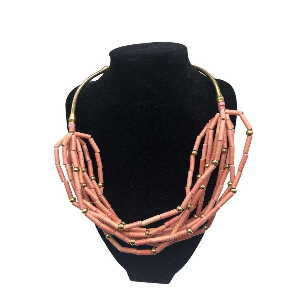 Chunky Statement Necklace Coral Pink Zulugrass Layered African Ethnic Boho Look
